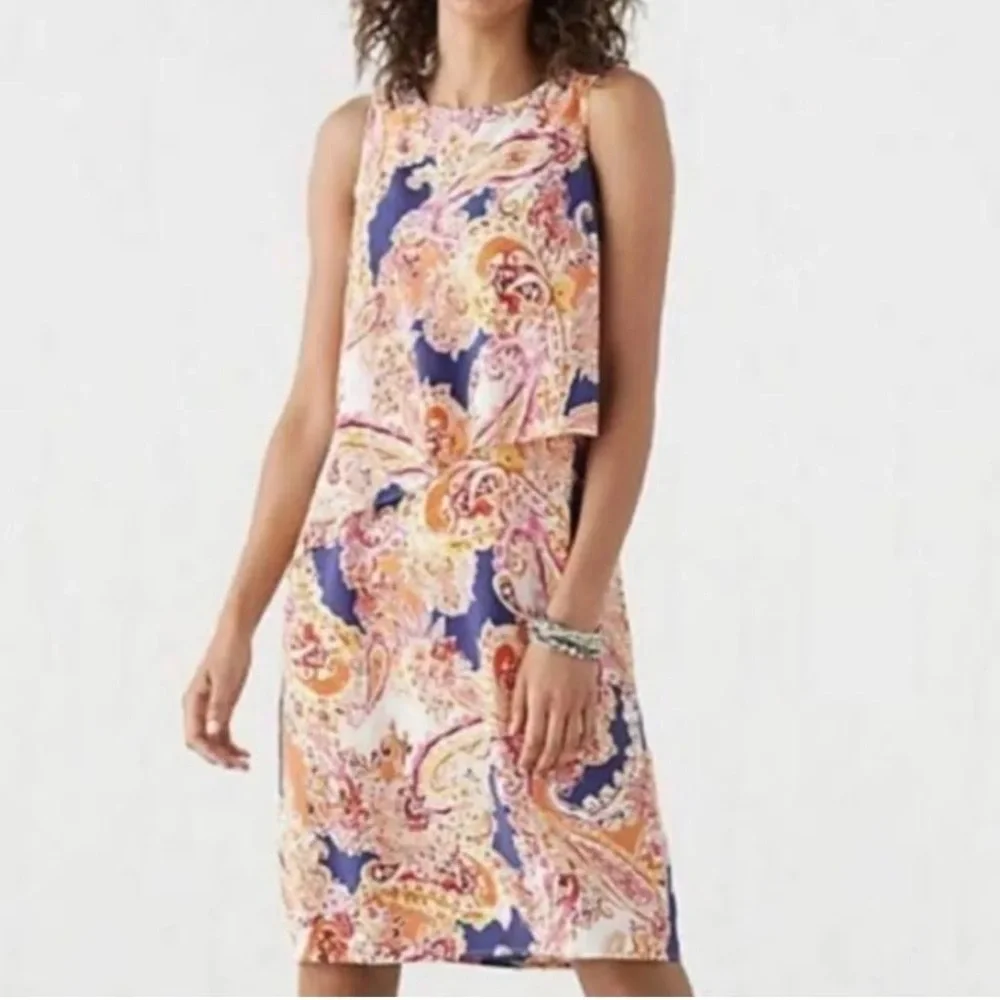 J. Jill Paisley Floral Tiered Dress SizeS Sleeveless Orange Colorful Stretch - Picture 1 of 13